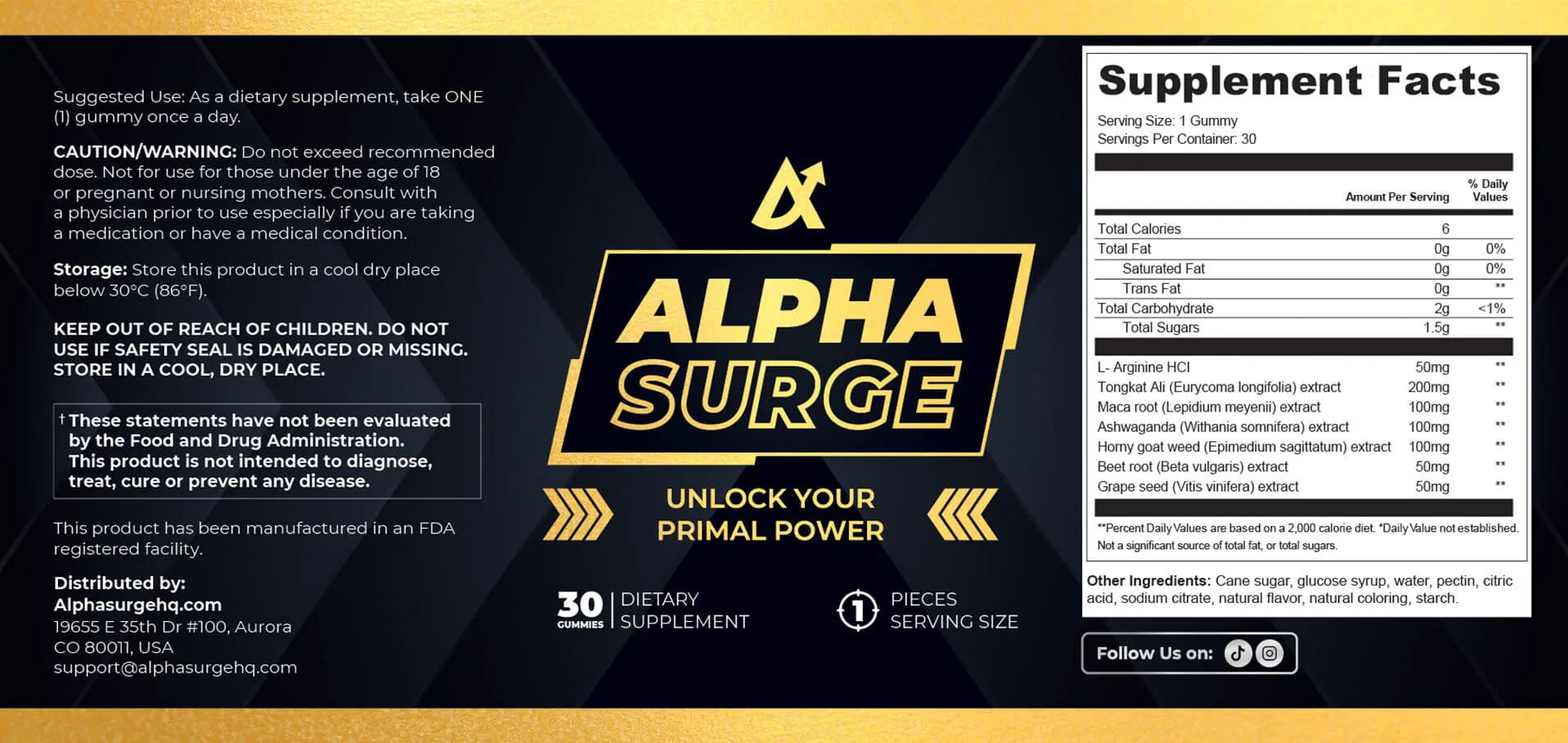 Etikett von Alpha Surge mit der Tabelle Supplement Facts: Dosierung der sieben Inhaltsstoffe, Verzehrempfehlung und Warnhinweise
